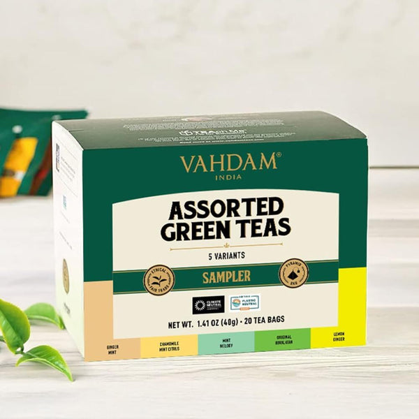 VAHDAM, Assorted Green Tea Bags Sampler (5 Flavors, 20 Ecofriendly Pyramid Tea Bags) I Gift Ideas for Women & Men | Himalayan Green Tea Varieties
