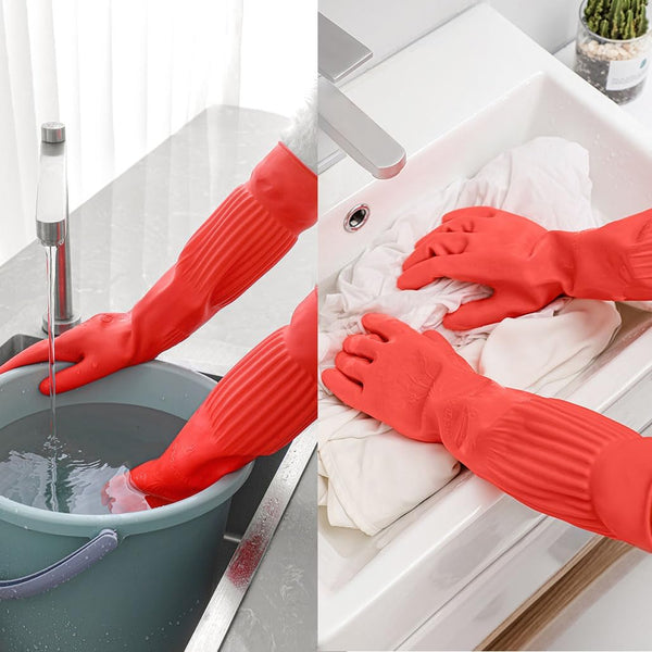 Household Dishwashing Cleaning Rubber Gloves 2 Pairs, Reusable Waterproof Kitchen Gloves Non-Slip Cleaning Gloves