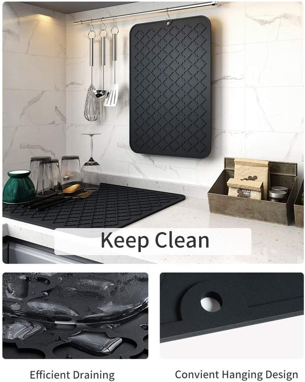 AMOAMI Dish Drying Mats for Kitchen Counter - Silicone Dish Drying Mat - Heat Resistant Mat - Black (16" X 18)