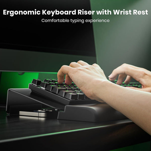 3 in 1 Keyboard Stand W/Wrist Rest and Storage Tray - Klearlook [Ultra Comfortable] PU Leather Wrist Pad & Acrylic Keyboard Riser, 16.9X7.3 Inch