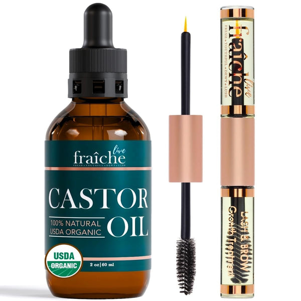 Live Fraiche Organic Castor Oil Lash Serum for Hair Growth, 100% Pure Eyebrow Eyelash Growth Serum, Cold Pressed Hexane Free (2oz Glass Bottle +