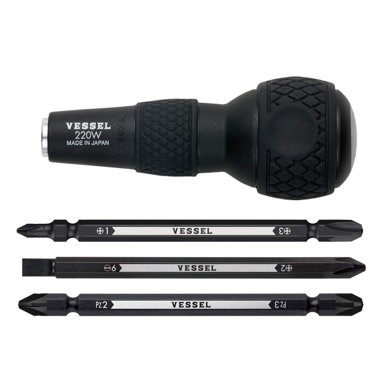 VESSEL BALL GRIP 1/4" Hex. Bit Interchangeable Screwdriver (Bit 3PC. (+1, +3 / +2, -6 / PZ2, PZ3) SET. 220W3J1)