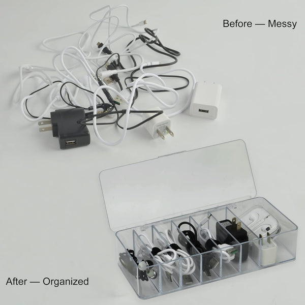 Electronics Organizer 7 Sections Clear Acrylic Cable Storage Bin Box Cord Holder with 20 PCS Reusable Fastening Fabric Cable Ties Straps Cord