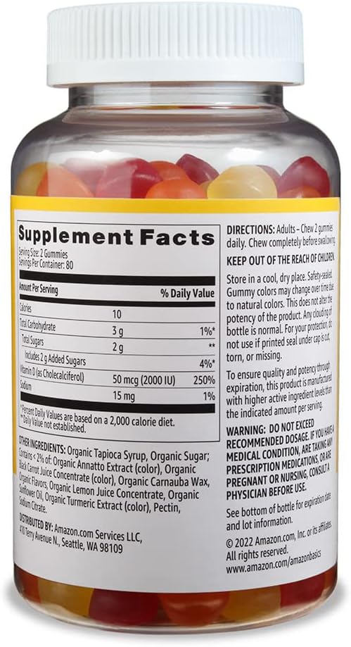 Amazon Basics Vitamin D3 2000 IU Gummies, Orange, Lemon & Strawberry, 160 Count (2 per Serving) (Previously Solimo)