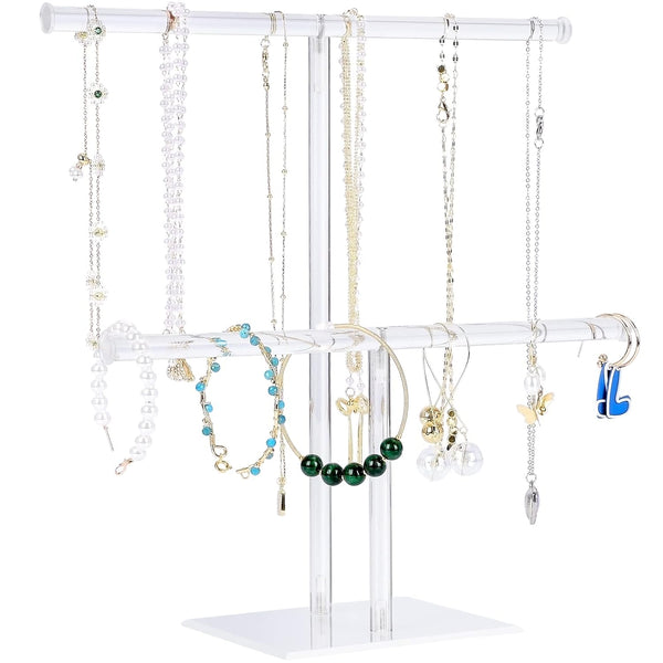 Jewelry Stand Necklace Holder, Acrylic Jewelry Display Holder, Necklace and Bracelet Hanging Organizer, Clear 2-Tier Tower Stand for Bangles,