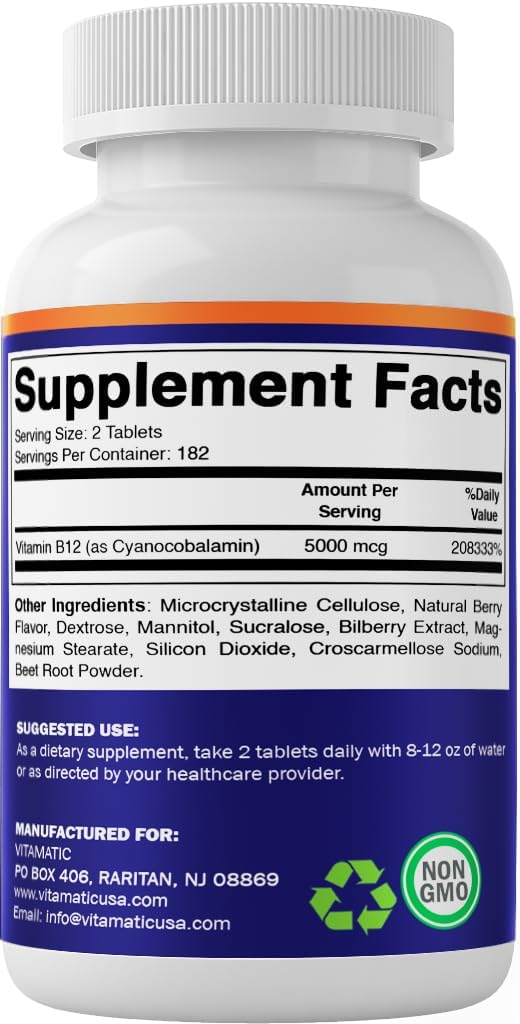Vitamatic Vitamin B12 5000 Mcg â 365 Fast Dissolve Tablets Berry Flavor â Supports Energy Production & Nervous System Health â Non-Gmo,