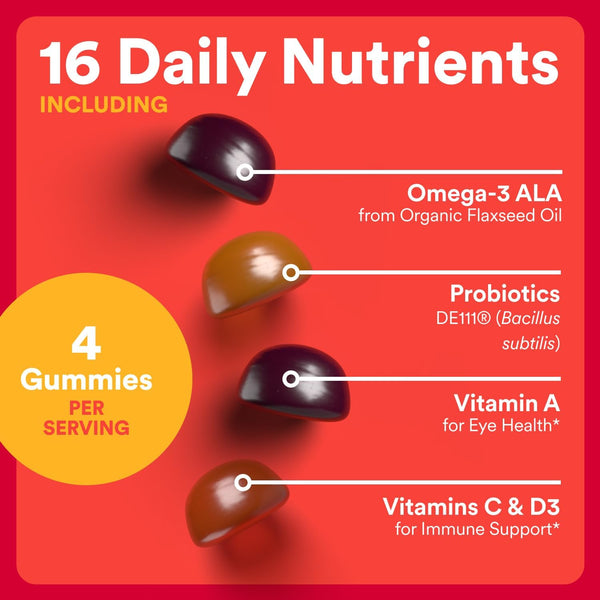 Smartypants Organic Kids Multivitamin Gummies: Probiotics, Omega 3 (ALA), Vitamin D3, C, Vitamin B12, B6, A, K & Zinc for Immune Support, Biotin,