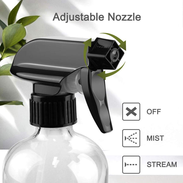 Glass Spray Bottles, 16Oz Refillable Containers, Empty Boston round Bottles with Labels & Adjustable Nozzle for Cleaning, Gardening, Aromatherapy,