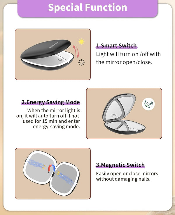 Wobsion Travel Mirror with Light, Rechargeable 1X/10X Compact Magnifying Mirror, Dimmable Pocket Mirror,Handheld 2-Side Mirror with Light,4Inch