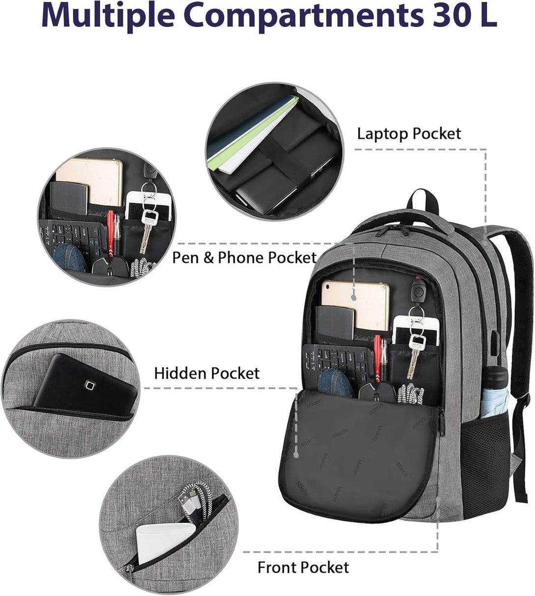 MATEIN Travel Laptop Backpack, 17 Inch Business Flight Approved Carry on Backpack, TSA Large Computer Bag for Men Women with USB Port and Trolley Sleeve, College School Tactical Book Bag, Grey