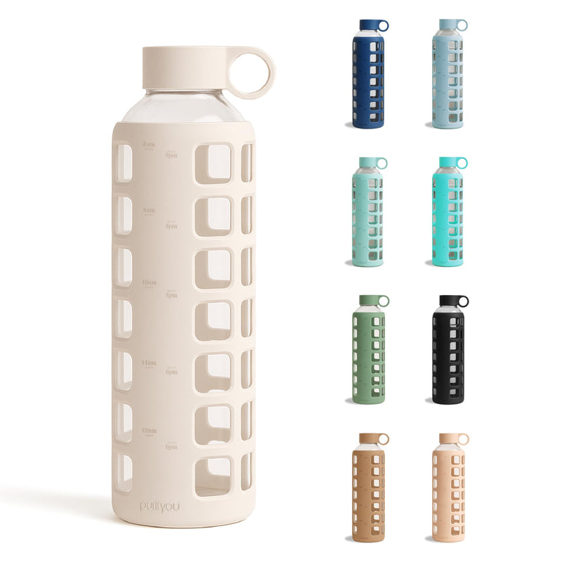 Purifyou 40/32/22/12 Oz Borosilicate Glass Water Bottles with Volume Markers, Silicone Sleeve, Stainless Steel Lid, Reusable Bottle for Water,