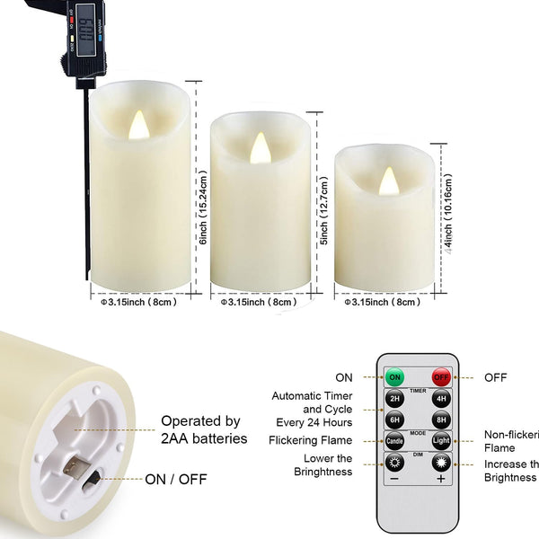 Flameless Battery Operated LED Candles With10Key Button Remote Control 24-Hour Timer Set of 3 Electric Flickering Pillar Real Waxï¼Wedding, Party,