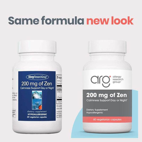 Allergy Research Group 200 Mg of Zen Supplement - Calmness Support, Day or Night, GABA, L-Theanine, Hypoallergenic, Vegetarian Capsules - 60 Count
