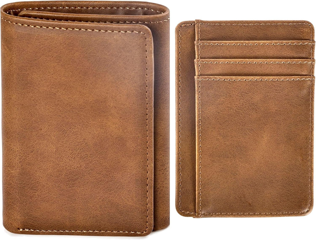 Trifold Wallet for Men Wallets with 8 Card Slot and 2 Money Pocket and 1 Clear Windows Slot + 1 Slim Card Pocket for Credit Card with 6 Card Slot and 1 Transparent Windows Slot - Brwon