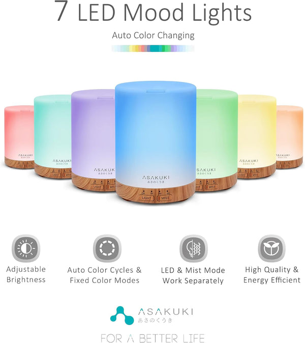 ASAKUKI 300ML Essential Oil Diffuser, Quiet 5-In-1 Premium Humidifier, Home Fragrance Aroma Diffuser with 7 LED Color Changing Light and Auto-Off
