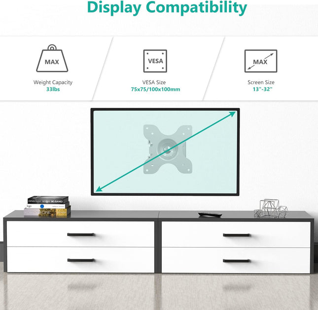 WALI TV Wall Mount Articulating LCD Monitor Full Motion 15 Inch Extension Arm Tilt Swivel for Most 13 to 32 Inch LED TV 