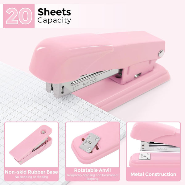 SKYDUE Pink Desk Accessories 10Pcs, 360-Degree Rotating Pen Holder, Stapler, Staple Remover, Tape Dispenser,2Pcs Tape Refills, Binder Paper Clips