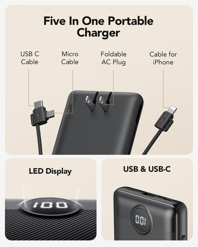 VRURC Portable Charger Built-In Cables and AC Wall Plug, USB C Power Bank 10000Mah, Travel Essentials Phone Charger Comp