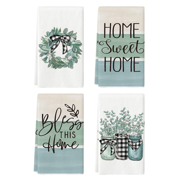 Artoid Mode Eucalyptus Buffalo Plaid Vase Home Sweet Home Kitchen Towels Dish Towels, 18X26 Inch Seasonal Decoration Hand Towels Set of 4