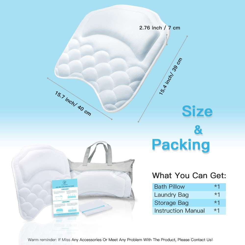 Bathtub Spa Pillow Bath Pillows for Tub, with Non-Slip 8 Large Strong Suction Cups, Free Machine Washable Bag