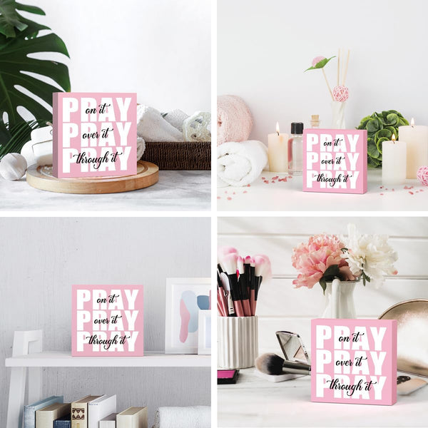 Pink Office Desk Accessories Decor Sign, Dorm Room and Bathroom Decor for Women, Inspirational Christian Gifts for Boss, Pray on It Wooden Sign