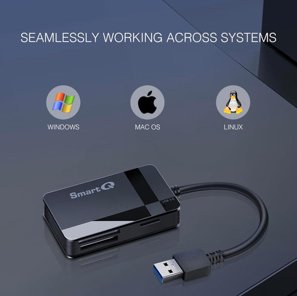Smartq C368 USB 3.0 Card Reader - Plug & Play, Compatible with Apple & Windows, Supports SD, Micro SD, MS, CF Cards
