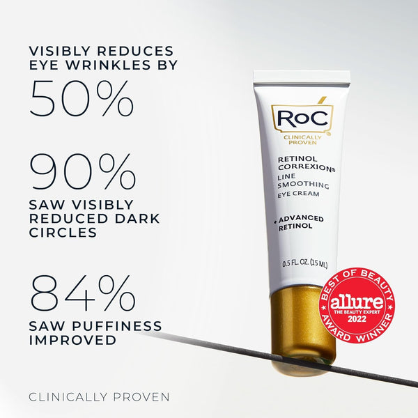 RoC Retinol Correxion Under Eye Cream for Dark Circles & Puffiness, Daily Wrinkle Cream, Anti Aging Skin Care Treatment Women and Men, 0.5 oz