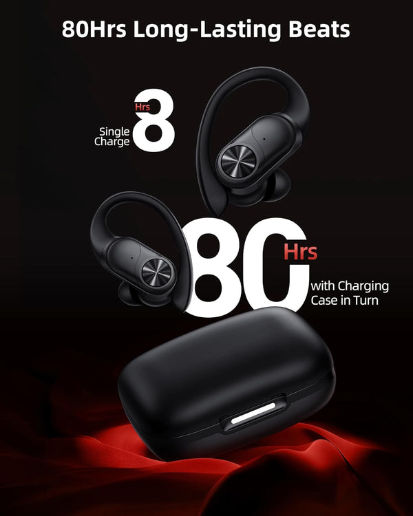 Pocbuds Bluetooth Headphones Wireless Earbuds 80Hrs Playtime Wireless Charging Case Digital Display Sports Ear Buds with Earhook Deep Bass IPX7