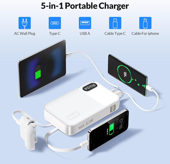 Portable Charger 10000Mah with Built in Cables and AC Wall Plug, 22.5W Fast Charging Power Bank with LED Display, 4 Outp