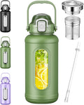 Nefeeko 50 Oz Glass Water Bottles, Large Motivational Glass Water Bottle with Time Marker Straw, Wide Mouth Water Bottle Jug with Spout Lid