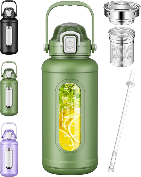 Nefeeko 50 Oz Glass Water Bottles, Large Motivational Glass Water Bottle with Time Marker Straw, Wide Mouth Water Bottle Jug with Spout Lid