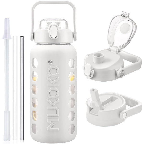 MUKOKO Glass Water Bottles 64Oz with 2 Lids, Half Gallon Drinking Bottle with Straws and Measurements, 2L Sports Drink Jug with Silicone Sleeve,