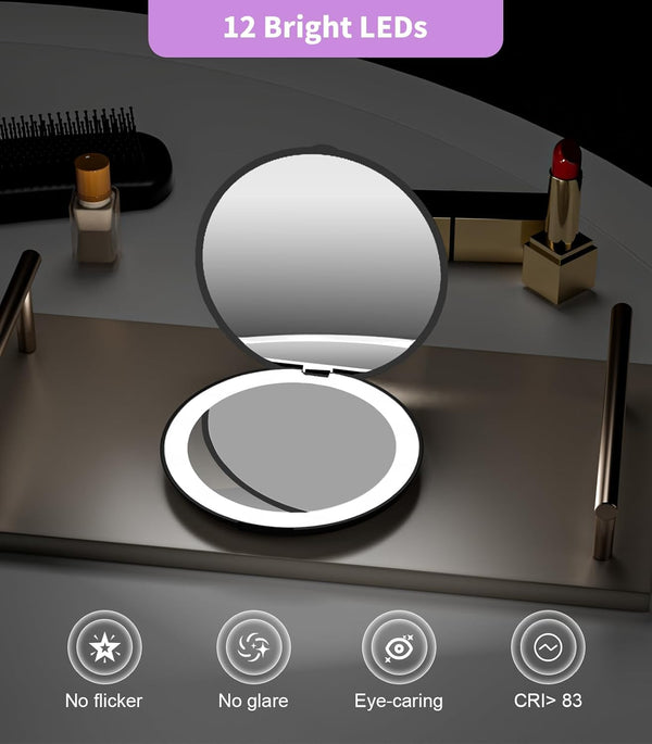 Wobsion Travel Compact Mirror,Portable 1X/10X LED Makeup Mirror with Magnification,Handheld 2-Sided Pocket Mirror, 3.5In Small Mirror for