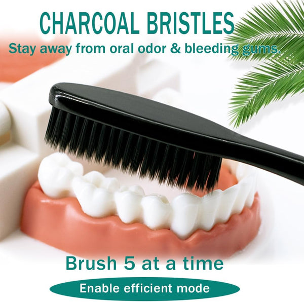 Large Long Head Toothbrush, 4-Pack, Upgraded Hard & Firm Charcoal Bristles, Whitening Teeth, Removing Plaque, Brace, Cigarette, Coffee and Other