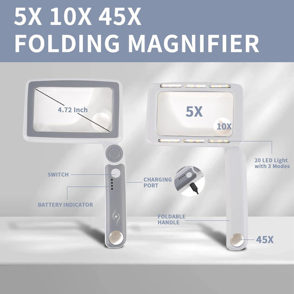 Magnifying Glass with Light, 5X 10X 45X Rechargeable Magnifier with 20 LED Light, 3 Modes Folding Lighted Magnifying Glass Handheld for Seniors