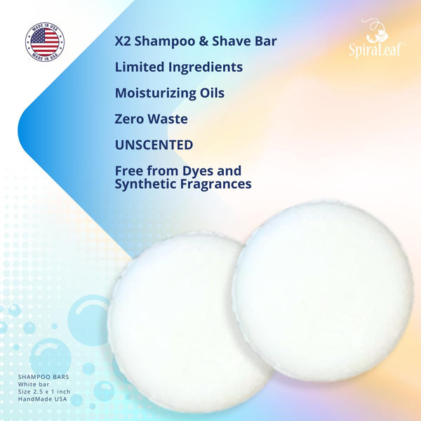 Spiraleaf Whiff Shampoo Bars, X2 Savings, Unscented: Limited Ingredients, No Scents or Colorings; Concentrated Formula, Made USA