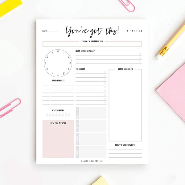 Bliss Collections Daily Planning Pad, to Do List Notebook - Undated Tear-Off Sheets Notepad - Work Calendar, Organizer, Scheduler for Goals, Tasks