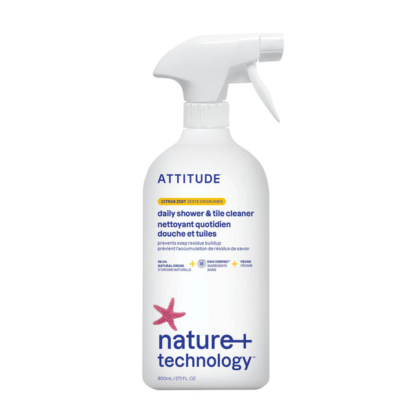 ATTITUDE Shower & Tile Cleaner Spray, EWG Verified, Bathroom Cleaner Removes Soap Scum & Grime, Plant-Based & Vegan, Citrus Zest Scent, 27.1 Fl Oz
