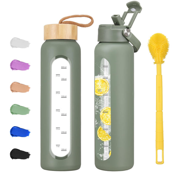 32 Oz Glass Water Bottle with 2 Lids-Handle Straw Lid & Bamboo Lid,1 Liter Motivataional Tumbler Water Bottle Time Marker, Borosilicate Glass