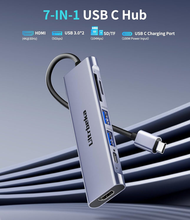USB C Hub, 7in1 USBC Hub, 4K HDMI Multiport Adapter, TF/SD Card Reader, 2×Powered USB-A 3.0 5Gbps, 100W PD, Dongle Adapt