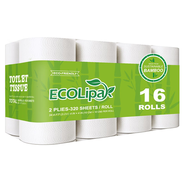 ECOLipak Bamboo Toilet Paper, Septic Safe Toilet Tissue, 16 Double Rolls, 320 Sheets Per Roll, Tree Free, Non Toxic, 2 Ply, Soft and Absorbent,
