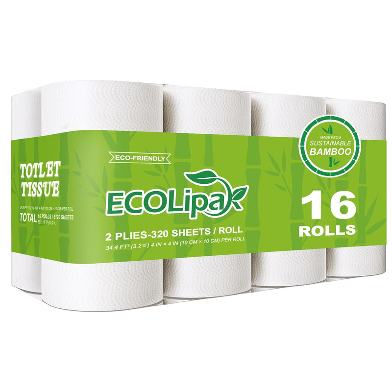 ECOLipak Bamboo Toilet Paper, Septic Safe Toilet Tissue, 16 Double Rolls, 320 Sheets Per Roll, Tree Free, Non Toxic, 2 Ply, Soft and Absorbent,