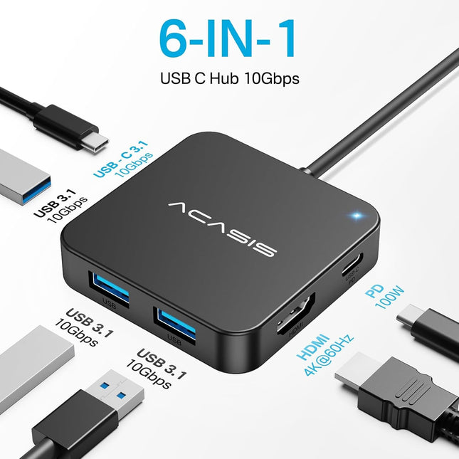 USB C Hub 10Gbps, Multiport Adapter with 4K 60Hz HDMI, 100W Power Delivery, 3 USB A3.2+1 USB-C 3.1 Data Port, USB C to H