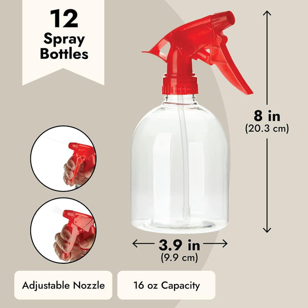 Juvale 12 Pack Refillable 16Oz Plastic Spray Bottles - All-Purpose Red Spray Bottle for Hair, Cleaning Solutions, Plants, with Adjustable Nozzle