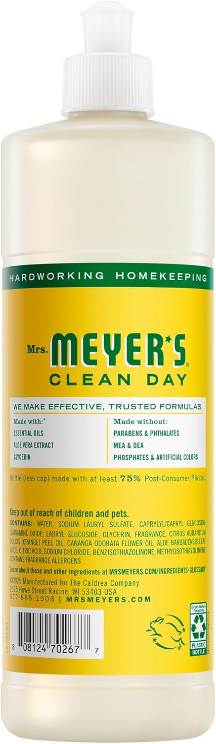 MRS. MEYER'S CLEAN DAY Liquid Dish Soap, Biodegradable Formula, Honeysuckle, 16 Fl. Oz
