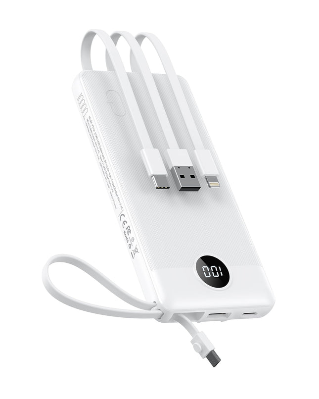 VEEKTOMX Portable Charger with Built in Cables 10000Mah, USB C Power Bank with 5 Outputs and LED Display, Small & Slim B
