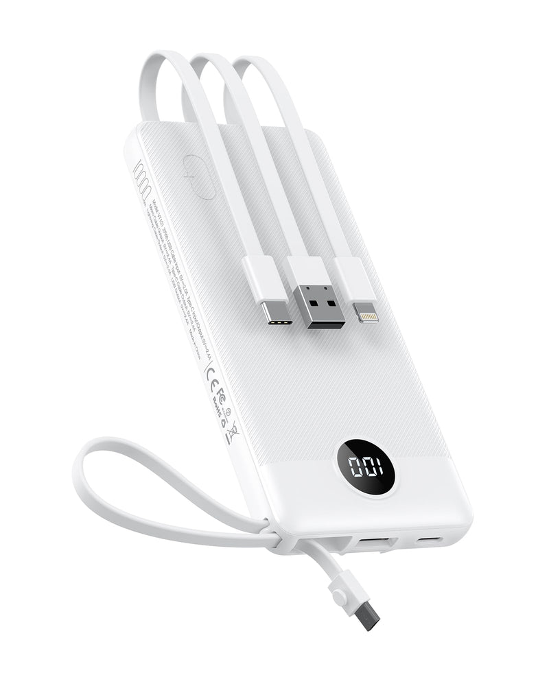 VEEKTOMX Portable Charger with Built in Cables 10000Mah, USB C Power Bank with 5 Outputs and LED Display, Small & Slim Battery Pack Compatible