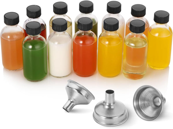 AOZITA 12 Pack, 2 Oz Small Clear Glass Bottles W/Lid & 3 Funnels - 60Ml Boston Shot Bottles for Health, Immunity, Potion, Wellness, Sample,