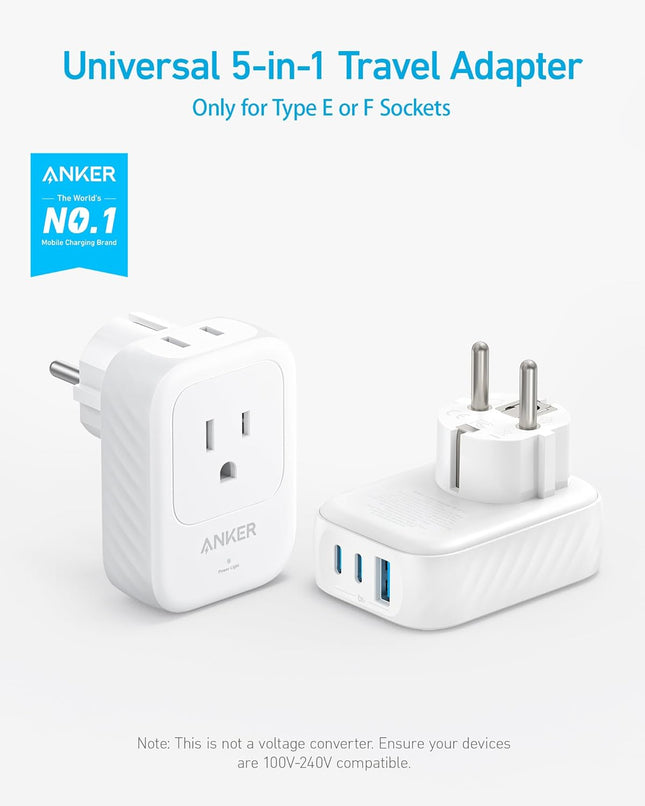 Anker European Travel Plug Adapter, 15W USB-C & 2 AC Outlets, Fits Type E/F Sockets, Compact for Iphone, Ipad & More (No