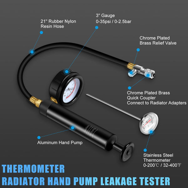 JIFETOR Radiator Pressure Leakage Tester Vacuum Cooling System Purge Coolant Refill Tool Kit 28PCS Universal Automotive Water Tank Leak Test